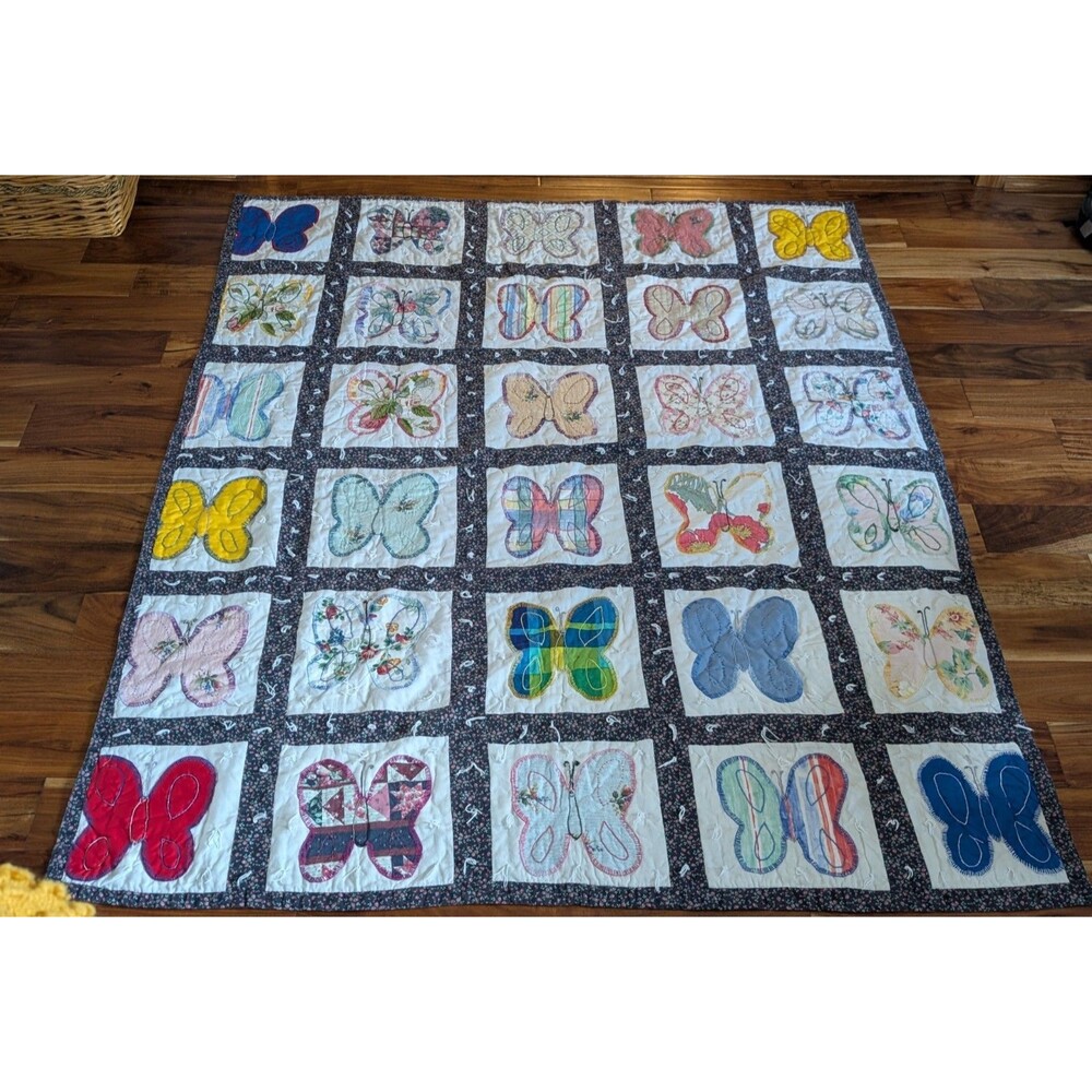 Vtg Handmade Butterfly Twin Quilt Navy Flower Back & Multicolor Hand Embroidery